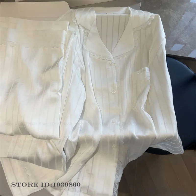 Spring Summer New Female Pajamas Set Homewear Sexy Lace Sleepwear Lingerie Pijamas Suit Loose Casual Ice Silk Loungewear Pyjama