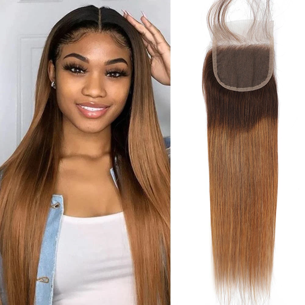 4x4 Lace Closure Straight Brazilian Human Hair Free Part Silky Straight Lace Closure T4/30 Brown
