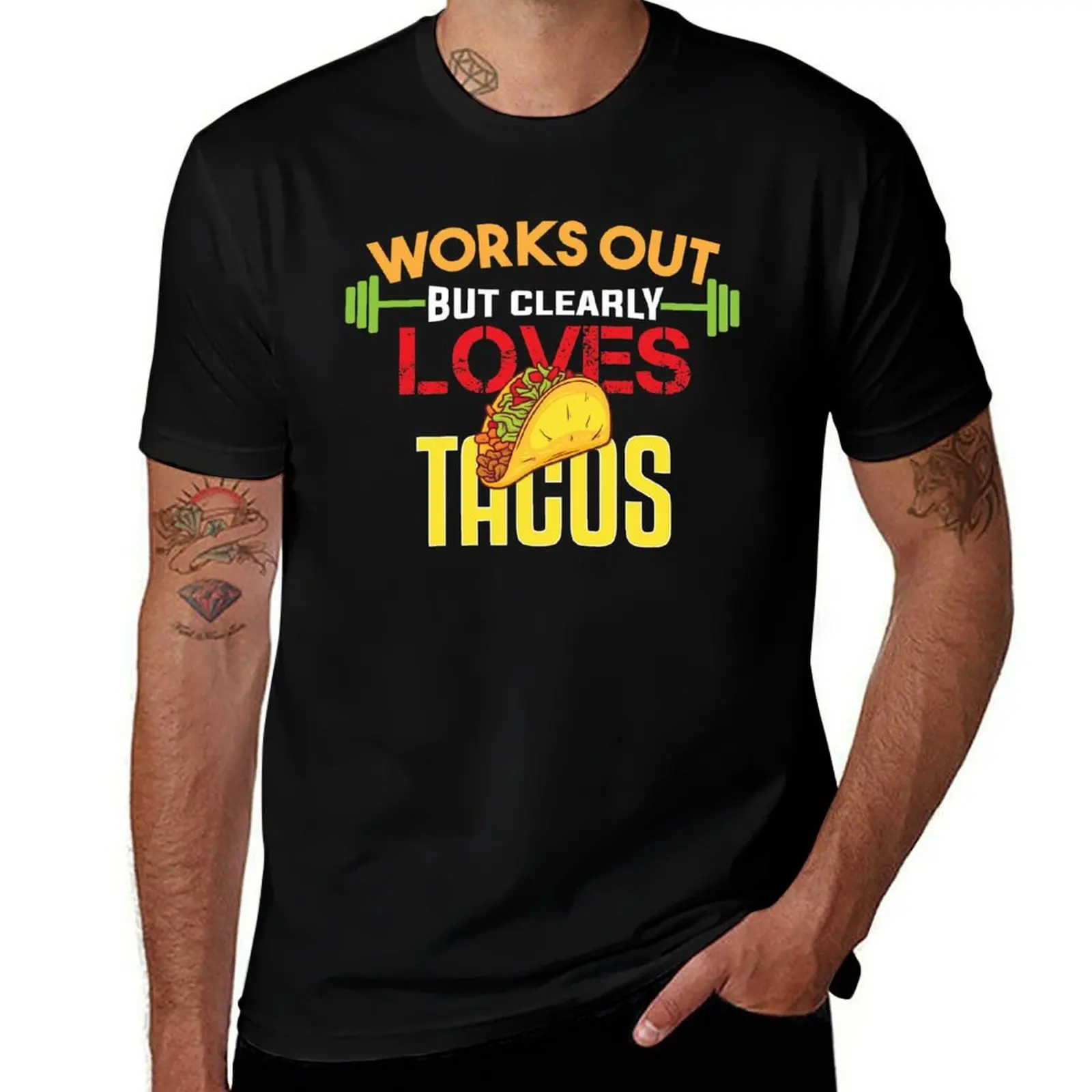 Works Out But Clearly Loves Tacos,Funny gym fitness tacos lovers T-Shirt Plus Size Outdoor Casual Top