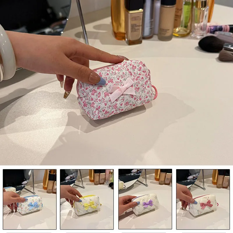 Ins Fashion Sweet Floral Makeup Bag for Girl Cute Print Flower Bow Cosmetic Bags Small Cute Lipstick Cable Earphone Storage Bag