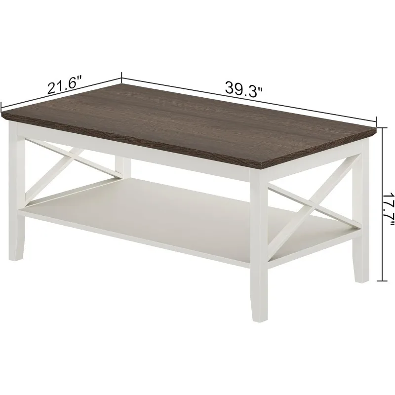 Farmhouse Coffee Table, Wooden Coffee Table with Thicker Legs, White Coffee Table with Storage for Living Room,40 Inches