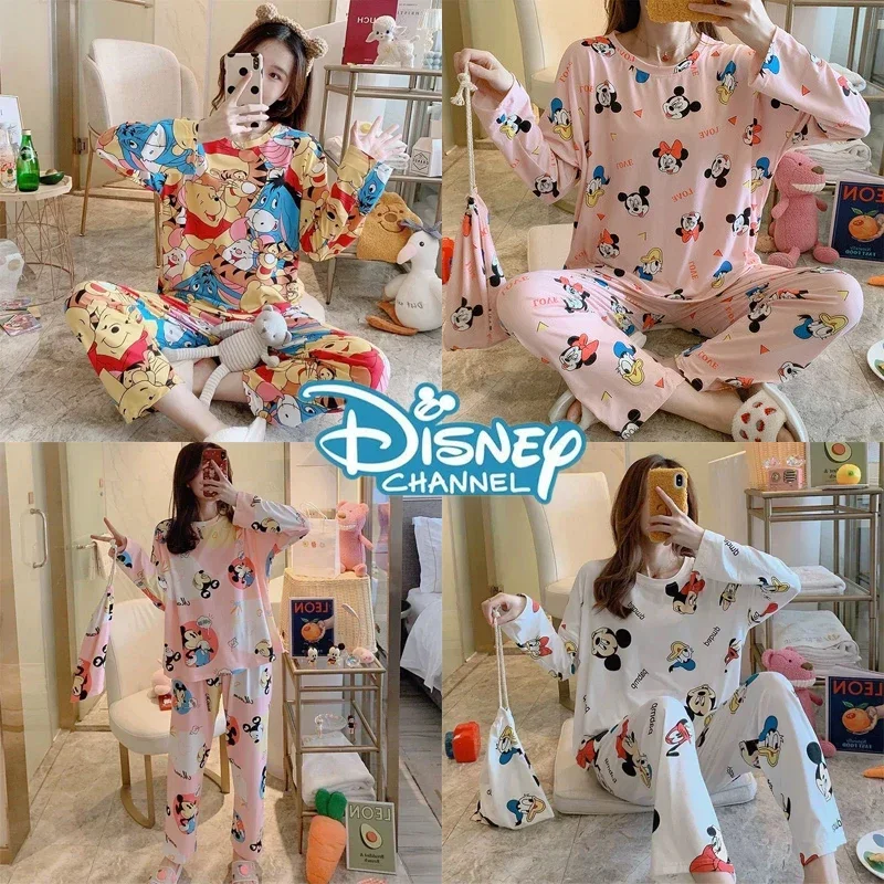 Disney Mickey Mouse Pajama Set Sleepwear Cartoon Anime Long Sleeved Shirt Pants Women Spring Autumn Warmth Tops Homewear Suit