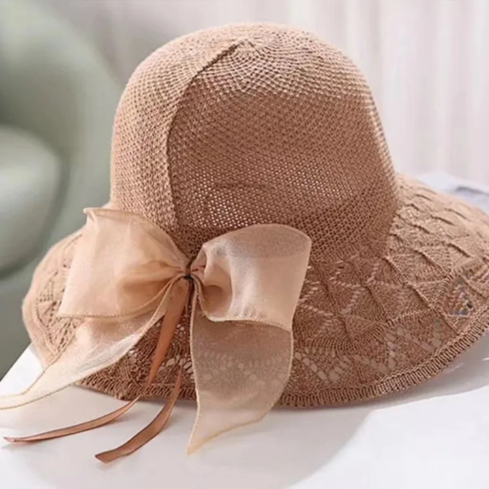 

1Pcs Summer Sun Protection Hat Coffee Foldable Bowknot Fashionable Travel Mesh Sun Shade Cap for Women Beach Hiking