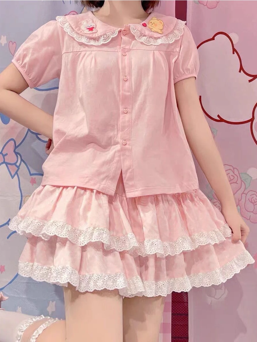 KOSAHIKI Summer Japanese Kawaii Lolita Pleated Skirts Womens Sweet Lace Patch Ruffle Cake Skirt Cute Bow Faldas Mujer Moda 2024