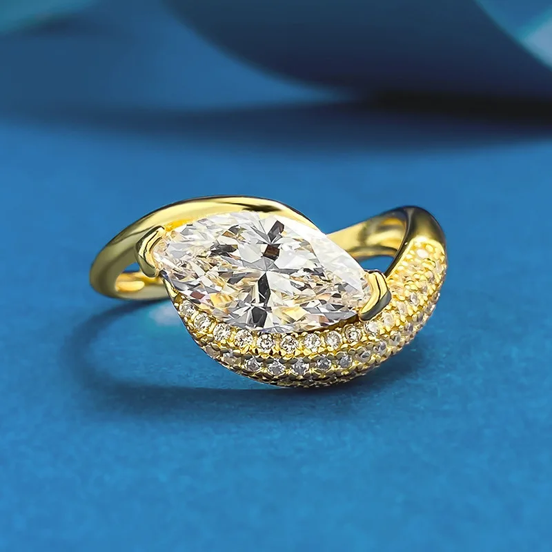 

GXGlint 925 Sterling Silver 6*12MM Horse Eye Zircon Ring White Zirconia Women's Wedding Ring Engagement Ring for Women