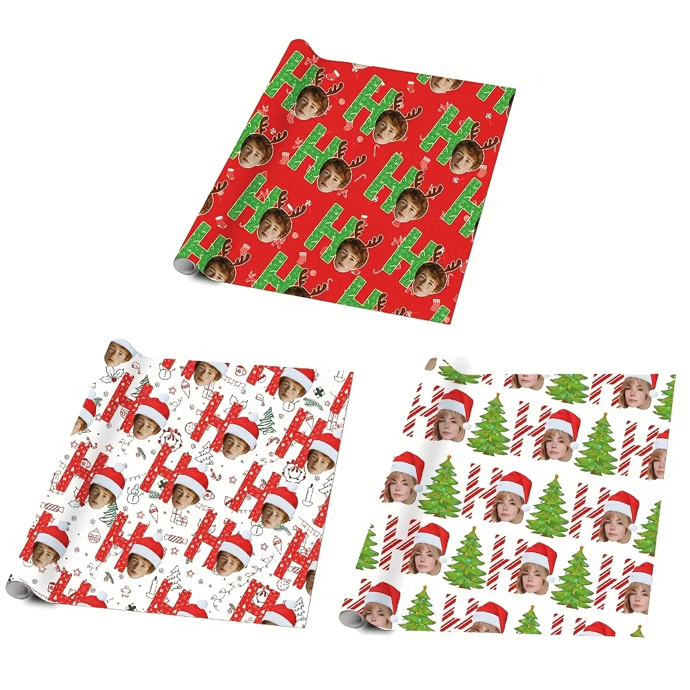 5 Stück personalisiertes Weihnachts-Foto-Geschenkpapier, individueller Fotodruck, Weihnachtsmütze, Schneemann, Rentier-Design, Geschenkpapier, Weihnachtsfeier