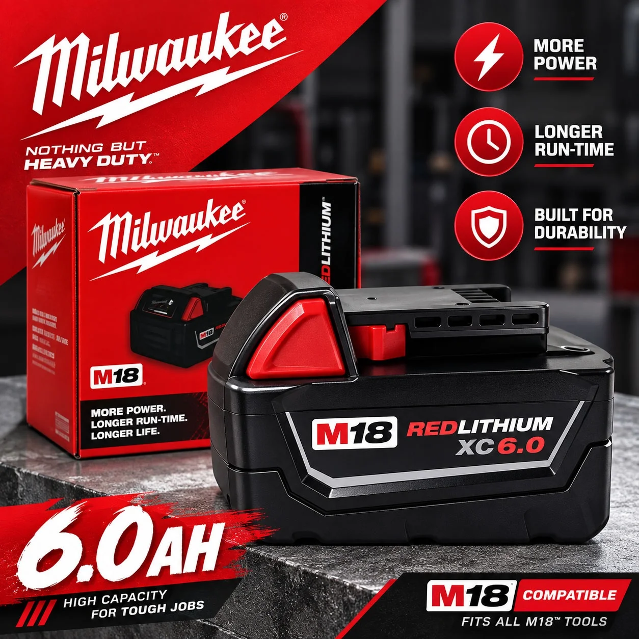 Milwaukee Original M18 18V Li-ion Battery 48-11-1860, High Cycle Life for M18 Drills & Saw Tools
