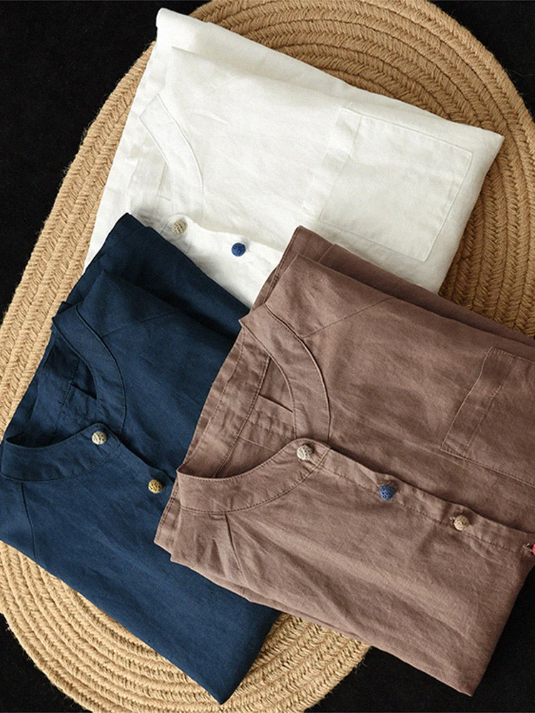 High-End Linen Cotton Casual round Ne Long Sve Women's irt Large Size Comfortable Breathable Faionable Korean Sle