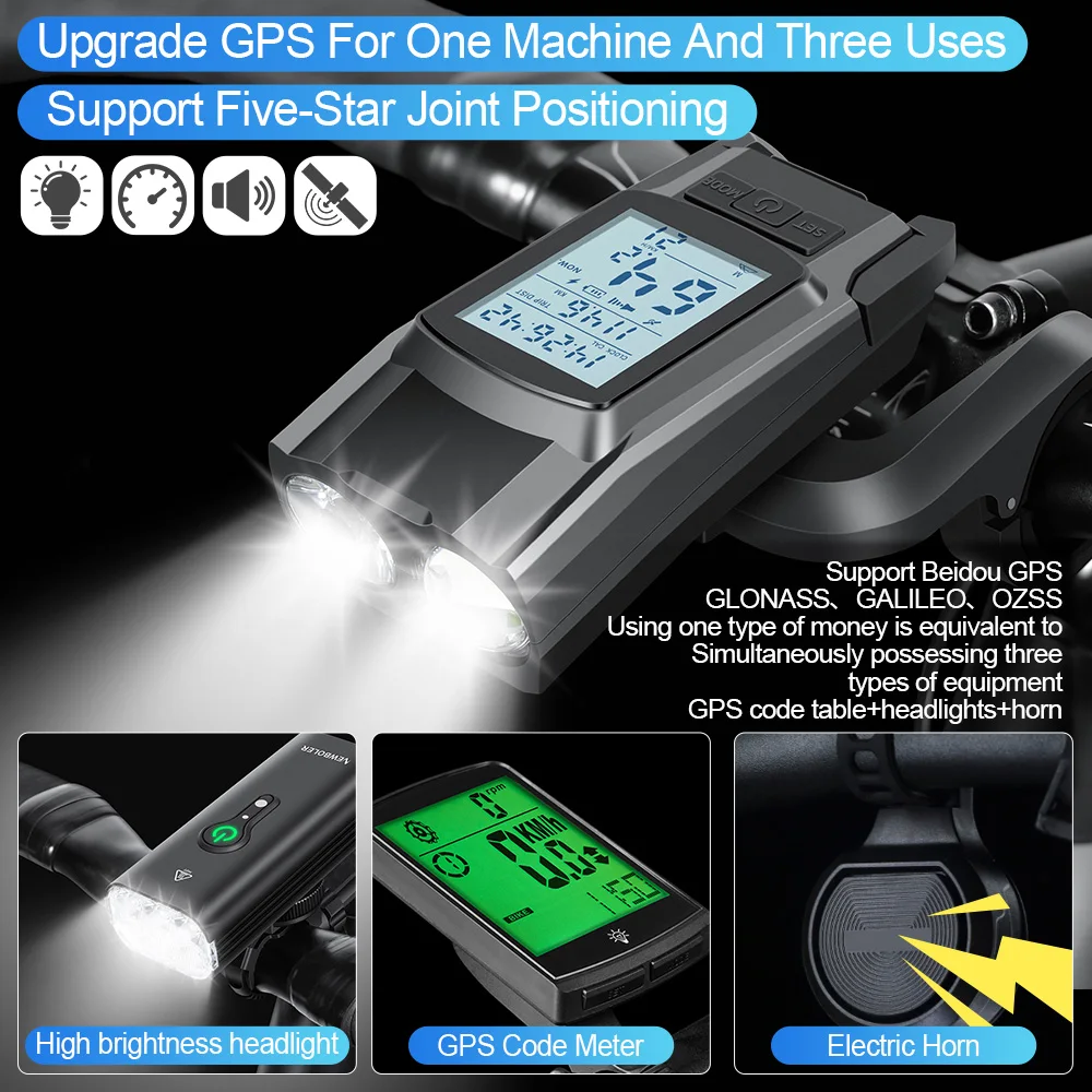 Bike Headlight GPS Speedometer Horn 3 in 1 Multifunctional Rechargeable Bicycle Front Lamp Cycling Computer MTB Bike Accessories