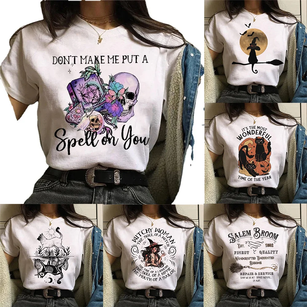 Halloween Skeleton Flower T-shirt Witch Magic Hat T-shirt Casual Top Short Sleeved Printed Fashion T Women's Pattern T-shirt