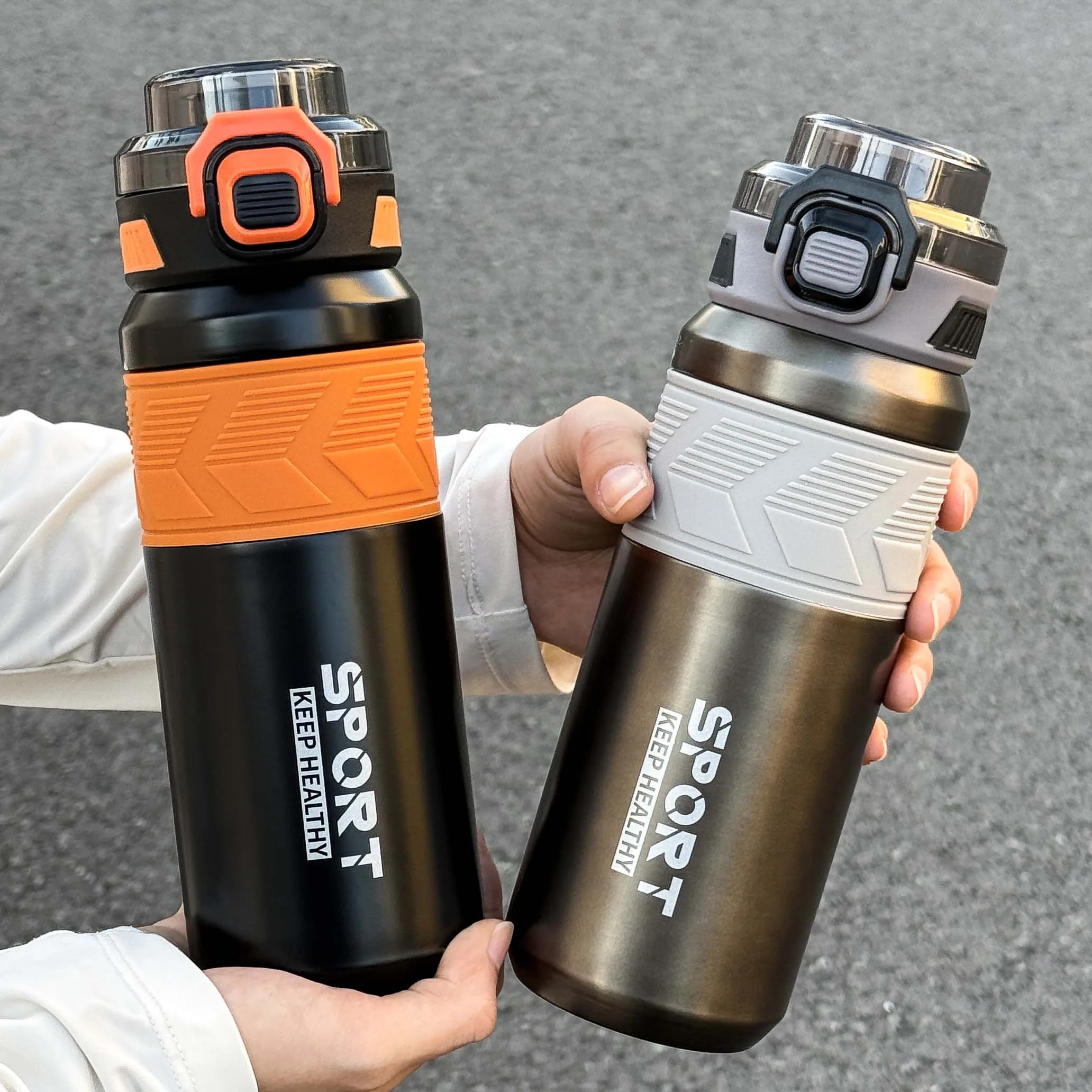 قطعة واحدة من كوب ترمس من الفولاذ المقاوم للصدأ عصري سعة 650 مل، زجاجة مياه حرارية عصرية مزدوجة الشرب، محمولة بمقبض للخارج