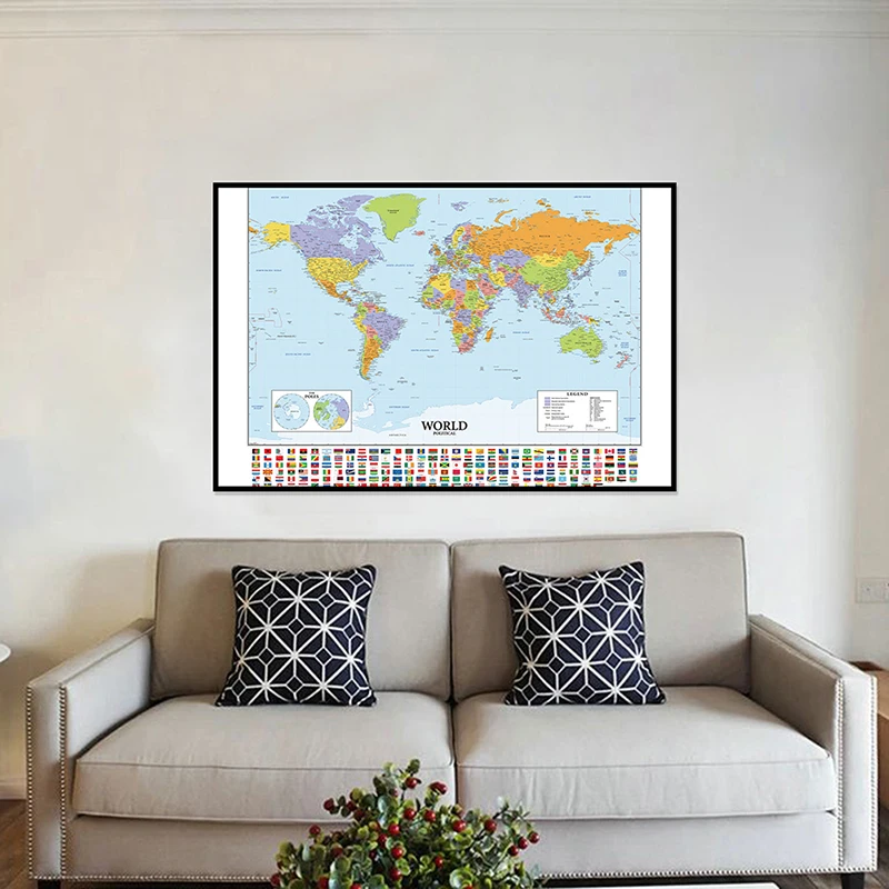 The World Map with Country Flags Wall Art Poster Canvas Painting Travel School Supplies Living Room Home Decor 59*42cm