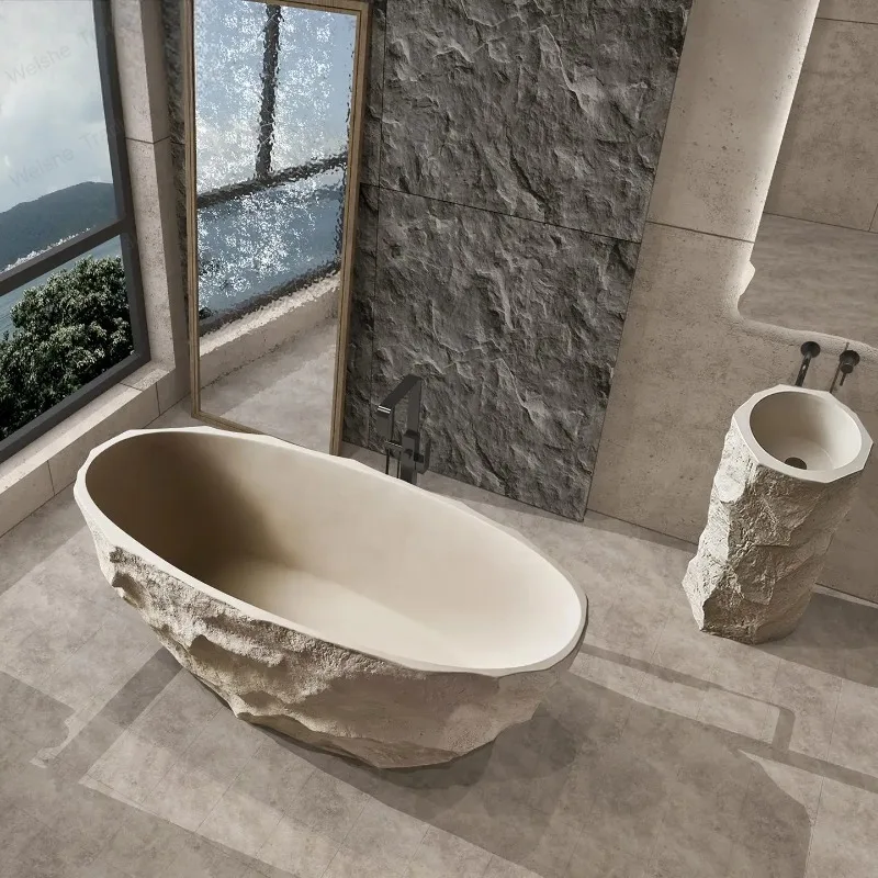 Stone Look Bathtub, Compact One-Piece Freestanding Tub, Heat Retaining & Easy-Clean, Body Fit Design, Customizable