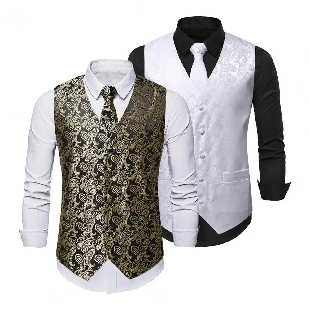 

Men Waistcoat Set Stylish Men's Cashew Nut Print Waistcoat Set with Business Tie Kerchief Spring V-neck Single Breasted for Men