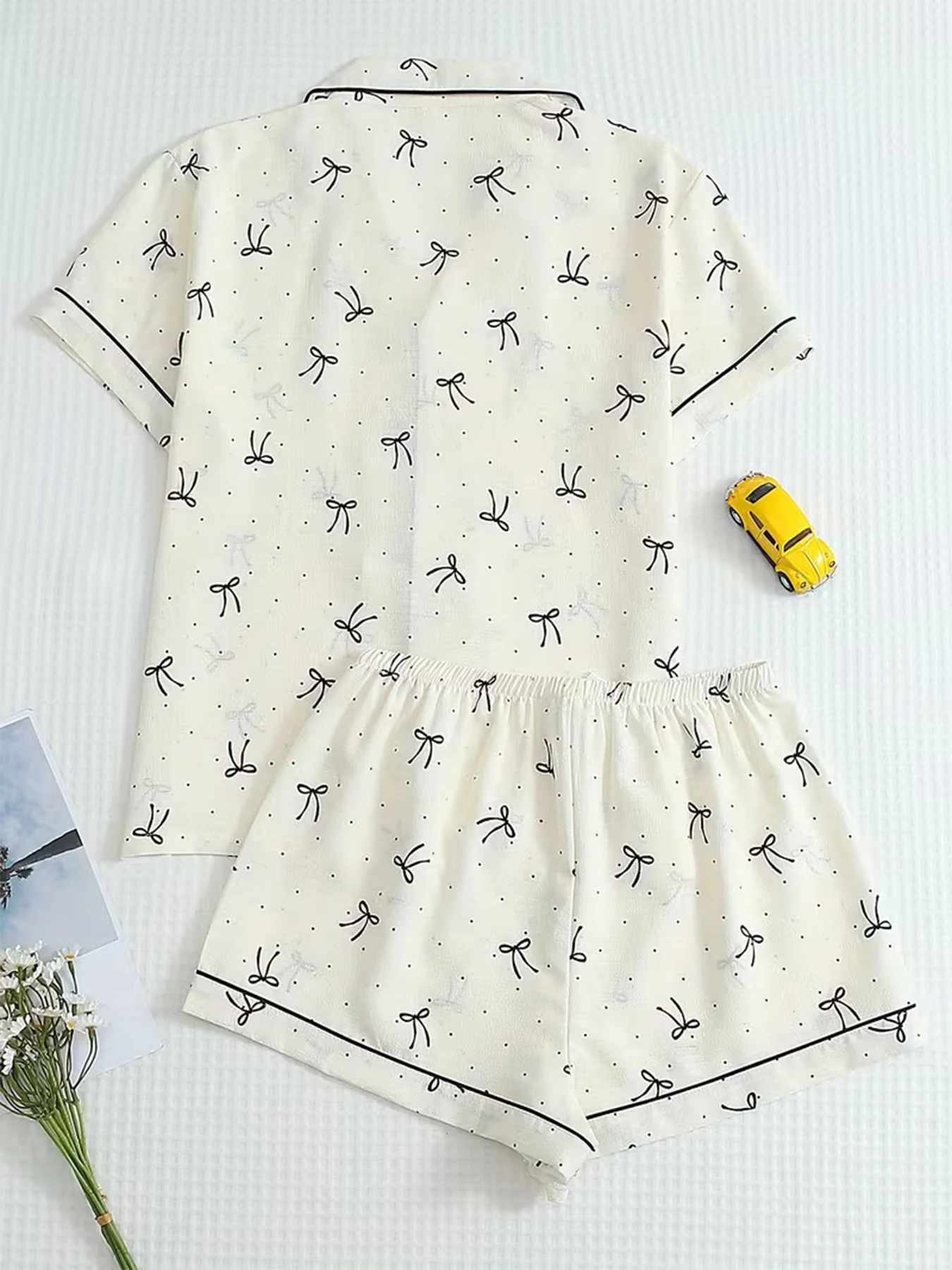 Loungewear Women Pajamas Cardigan Lapel Short Sleeve Shorts Two Piece Set Spring Summer Simple Cream Base Black Bow Polka Dot Lo image 5