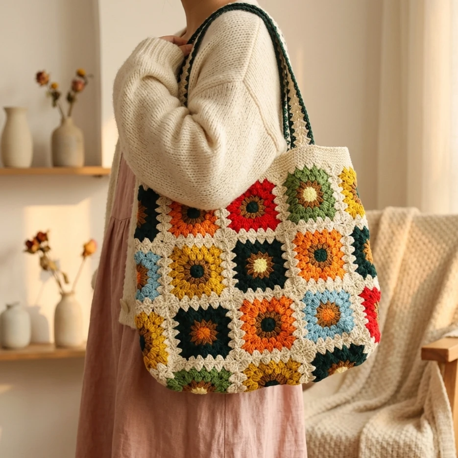 

Mocha Series Hand-knitted Granny Check Shoulder Bag Crocheted Handbag Sweet Style Women's Bag As A Holiday Gift