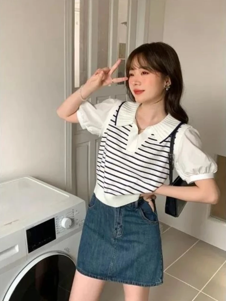 Women Summer 2026 Korean Style Striped Collar Short Sleeve T Shirt Slim Fit Slimming Puff Sleeves Belly Cover Trendy Top