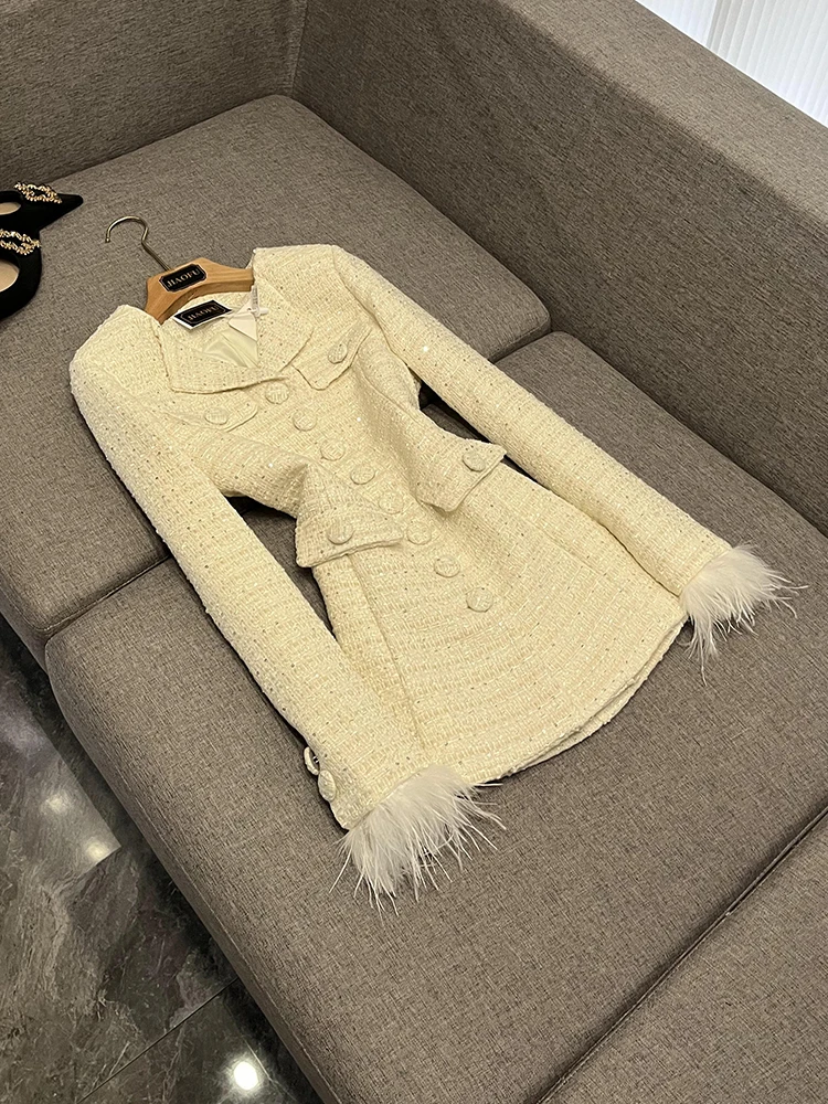 

Ele шерстяное пальто женское средней длины, роскошный тканый дизайн, длинная све, однотонная модная верхняя одежда