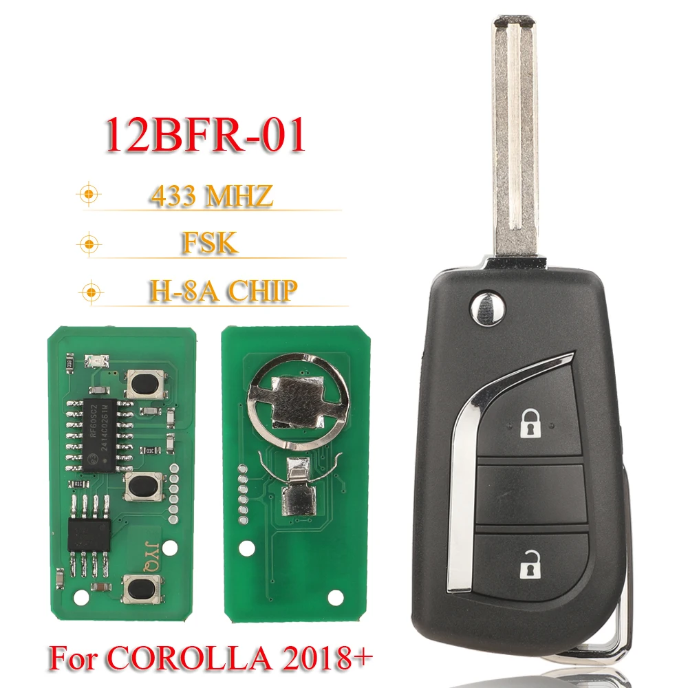 

jingyuqin 12BFR-01 2BTN Flip Remote Car Key Fob 433MHZ FSK H (8A) Chip For Toyota COROLLA 2018+ Car Accessories