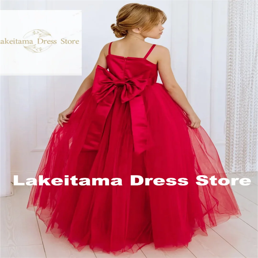 Customization Flower Girl Dresses Red Tulle Diamond Belt With Bow Sleeveless For Wedding Birthday Party First Communion Gowns