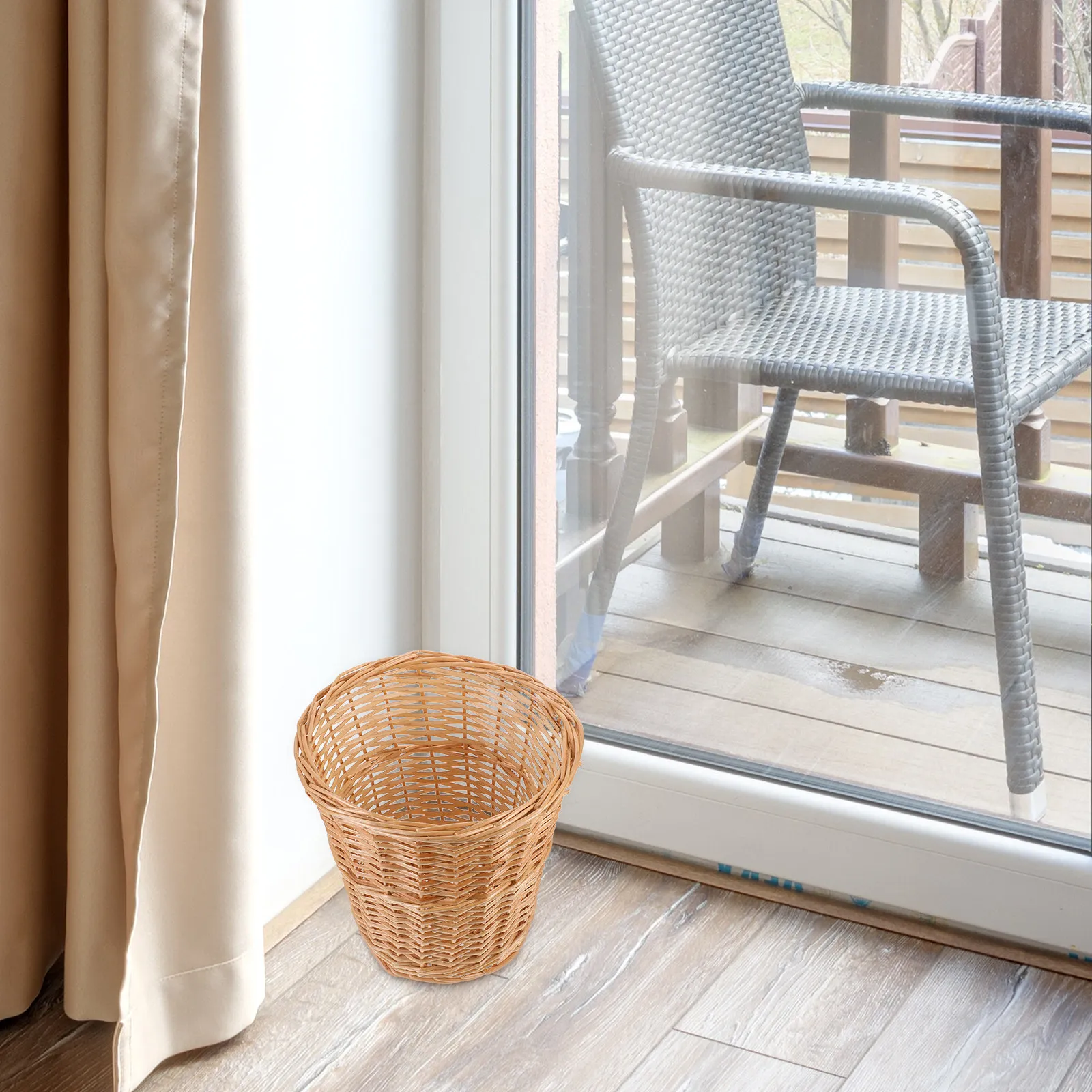 

Multi Function Woven Trash Basket Stylish Wicker Waste Bin for Indoor Outdoor Use in Living Room Bathroom Bedroom Organizational