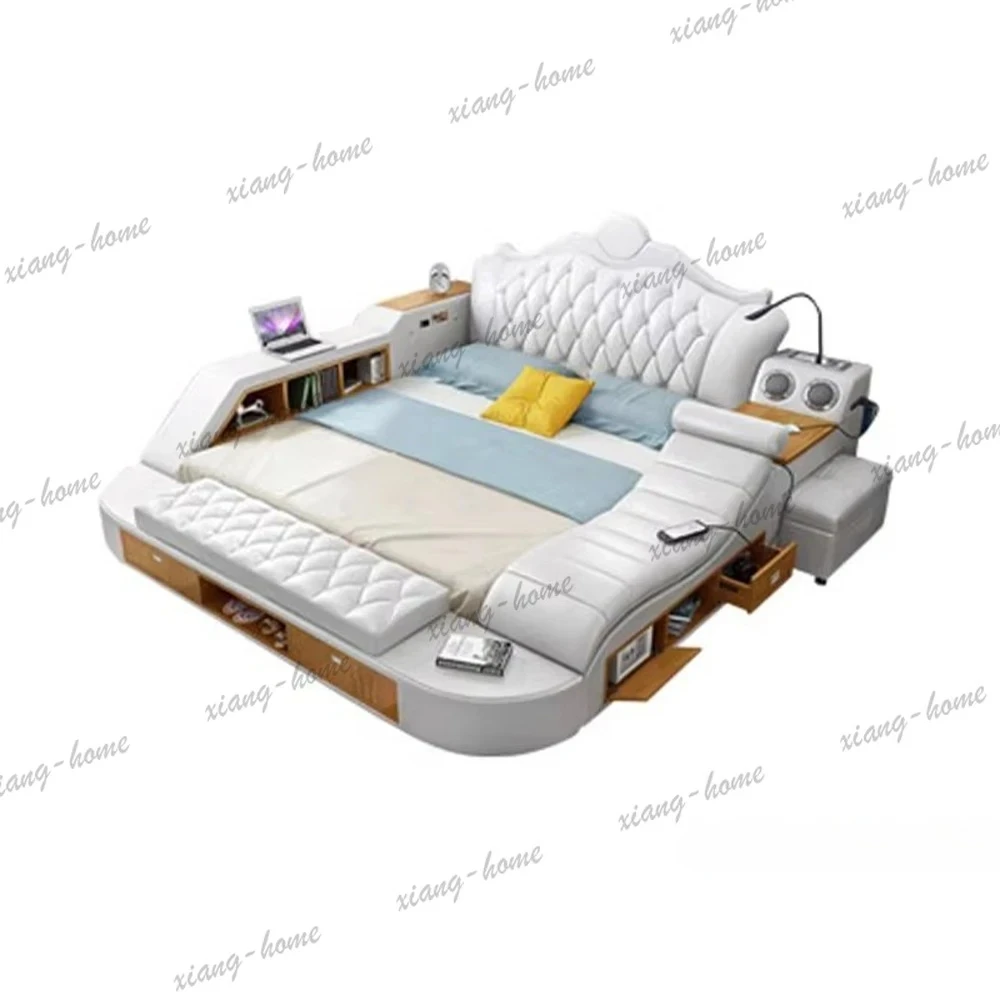 PG    Multifunction Tech Smart Upholstered Platform Bed Frame, Modern Luxury Genuine Leather Storage Bed with USB, Speaker