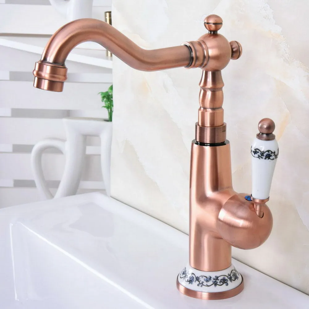 

Antique Red Copper Faucet Retro Carved Basin Faucet Rotating Single Handle Single Hole Hot And Cold Water Nnf623