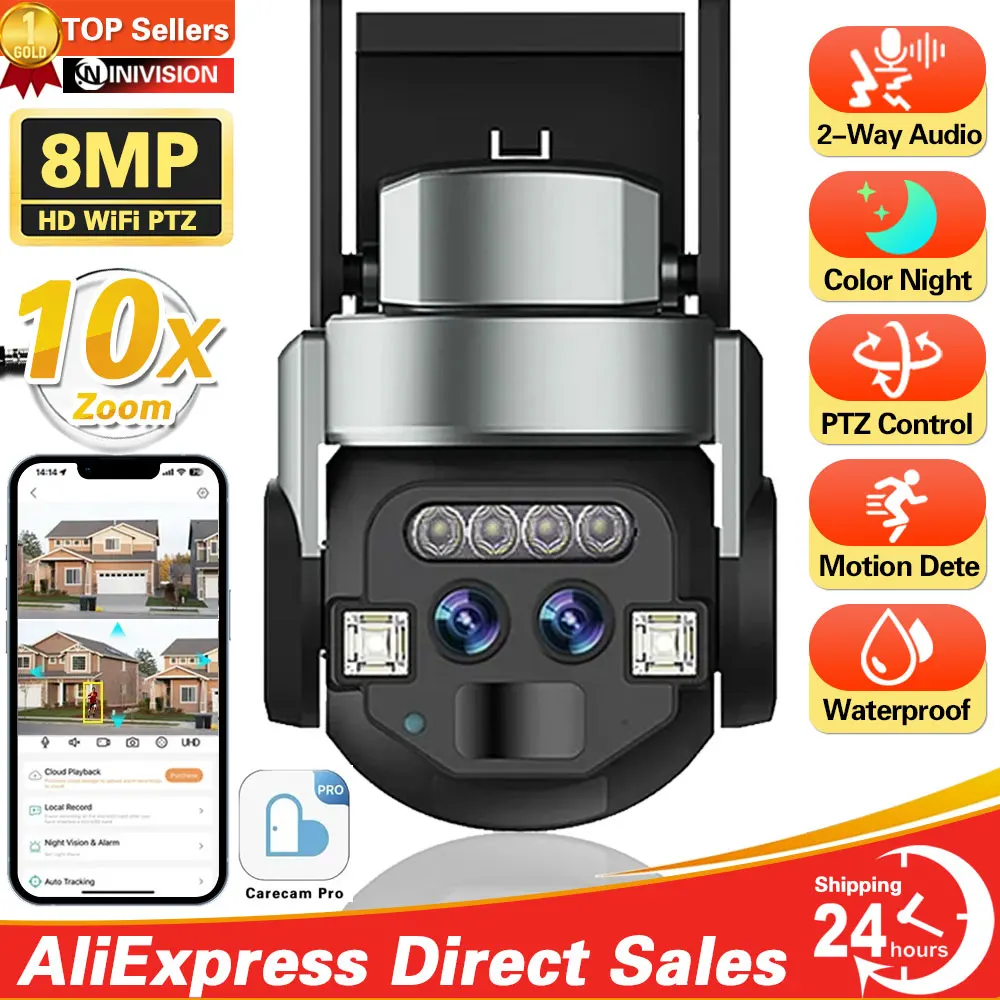 4K 8mp Dubbele Lens Draadloze Camera Menselijke Detectie 10x Ptz Zoom Kleur Nachtzicht Cctv Intelligente Bewakingscamera Carecam Pro