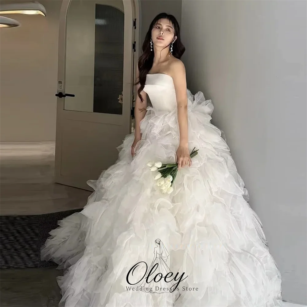 OLOEY Fairy Tulle Strapless Korea Wedding Dress Photo Shoot Ruffled Tiered A-Line Bridal Gown Customized Garden Wedding Dress