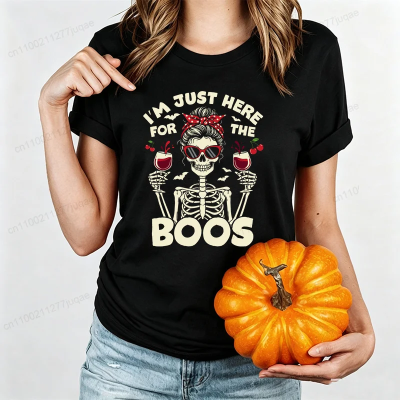 Funny Halloween Skeleton T-Shirts Just Here for The Boos with Wine Glass Retro Spooky Ghost Boo Quote Tshirt Friends Party Gifts
