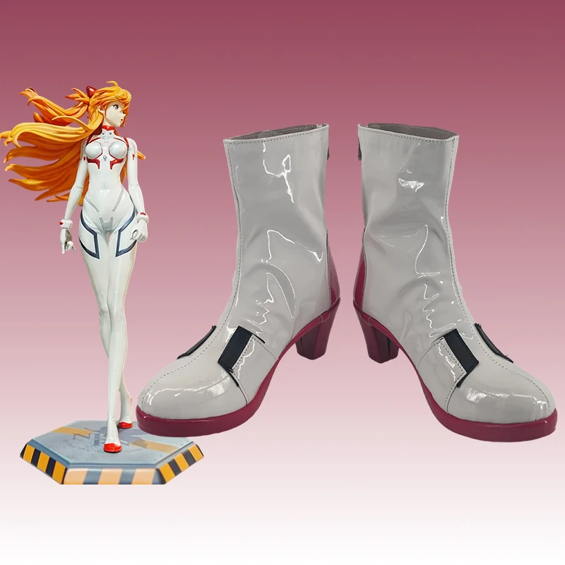 Anime EVA Asuka Cosplay Sapatos Botas de couro artificial branco para mulheres e meninas