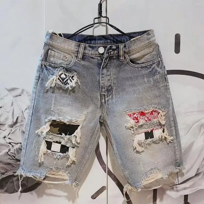 

Summer Men's Denim Short Pants Fashion Scraped Five Hole Beggar Style Five-Quarter Length Jeans Men's Fashion Casual Shorts