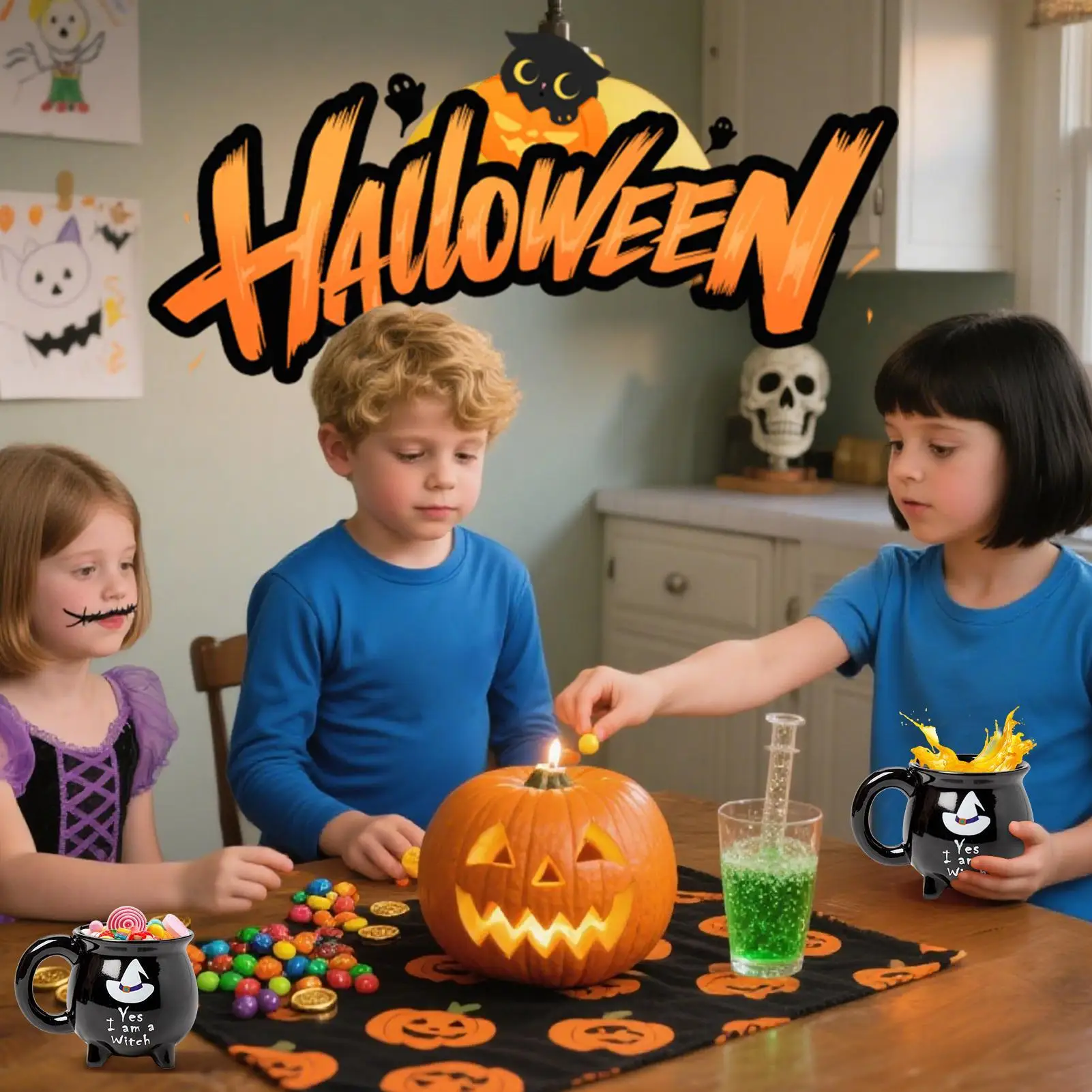 

Cauldron Mug Halloween Witch Brew Mugs Beverage Cups Spooky Drinkware for Hot Cold Drink Tea Latte Juice Tabletop Kitchen Office