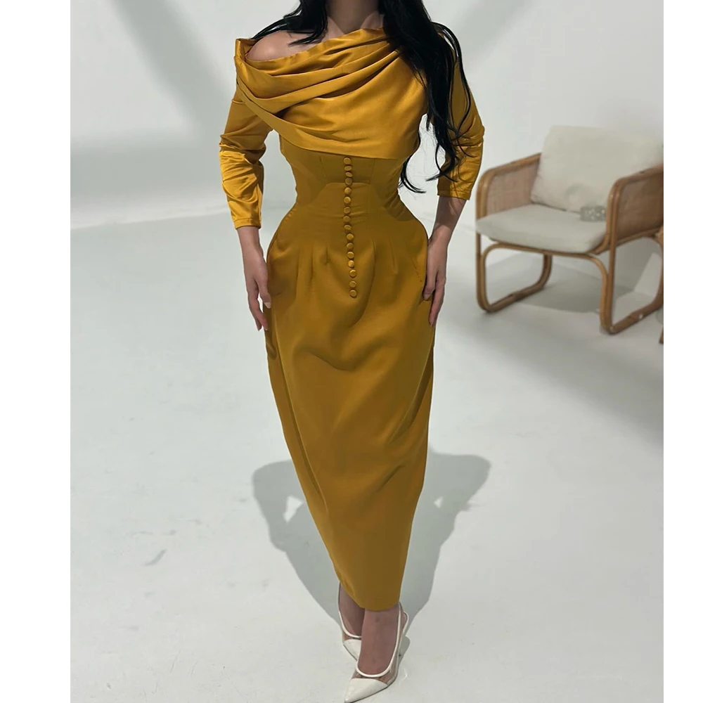 

Customized High Quality Pleat Buttons Boat Neck Ankle Length Straight Vestidos De Fiesta Jersey Long Sleeves платье в