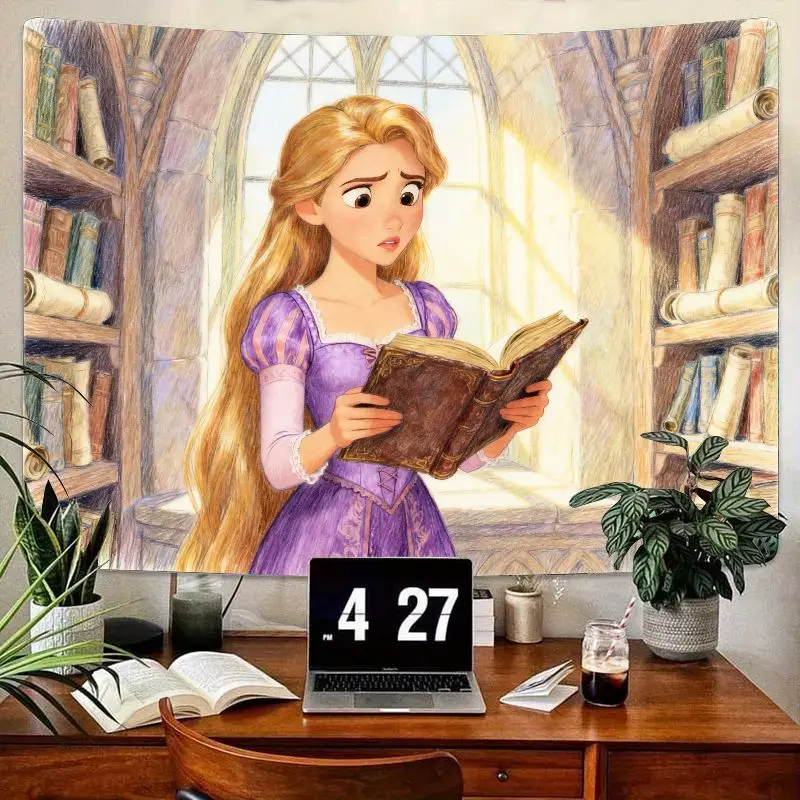 

1 шт., гобелен принцессы Рапунцель для чтения книг, эстетическая сказочная библиотека, настенное искусство для девочек, спальня, общежитие, декор для учебы, подарок, полиэтилен