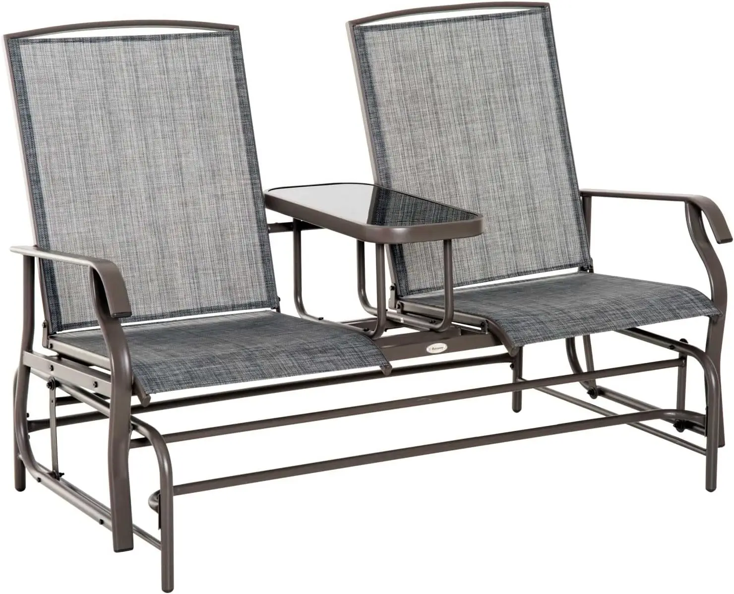 

Outdoor Glider Bench with Center Table, Metal Frame Patio Loveseat with Breathable Mesh Fabric and Armrests for Backyar