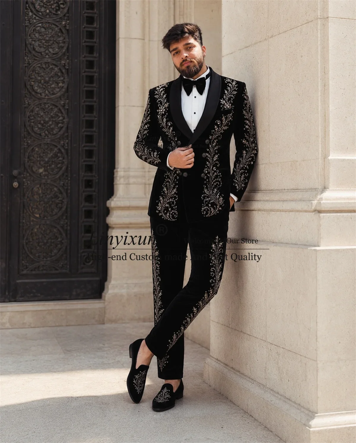 Glitter Embroidered Bead Men Suits Customized Double Breasted Groom Male Blazers 2 Piece Set Wedding Party Tuxedos Costume Homme