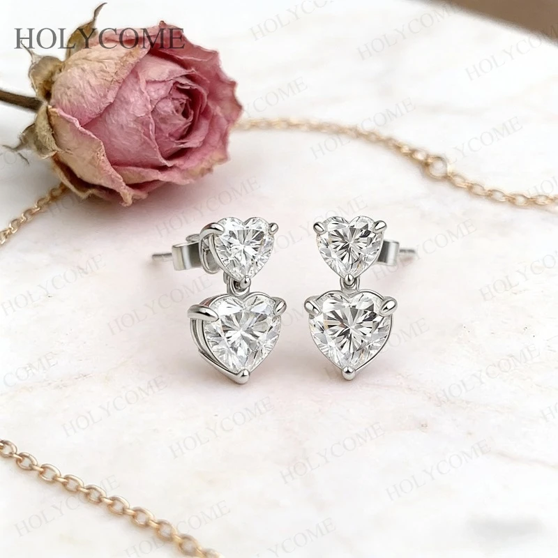 Boucles d'oreilles Double cœur personnalisées, cœur Moissanite 6.5x6.5mm/8x8mm, Total 3CT/6CT D couleur VVS1, bijoux scintillants pour noël