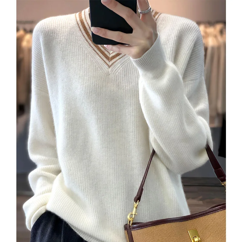 100% Merino Wool Cashmere Sweater Women\'s V-neck Pullover Autumn /Winter Casual Knit Tops Korean Style Loose Female Jacket Hot