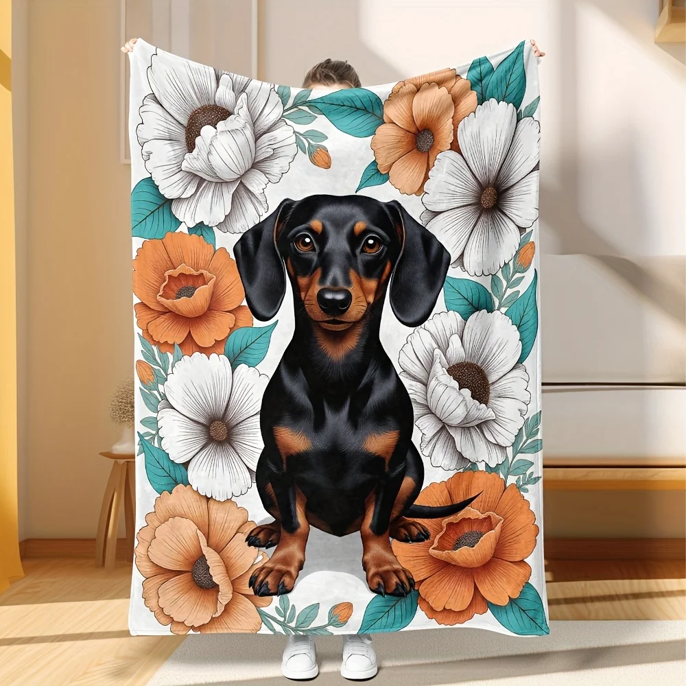 Aesthetic Dachshund Dog Floral Print Throw Blanket Cozy Chunky Botanical Sofa Cover 150x200cm Pet Gift Decor