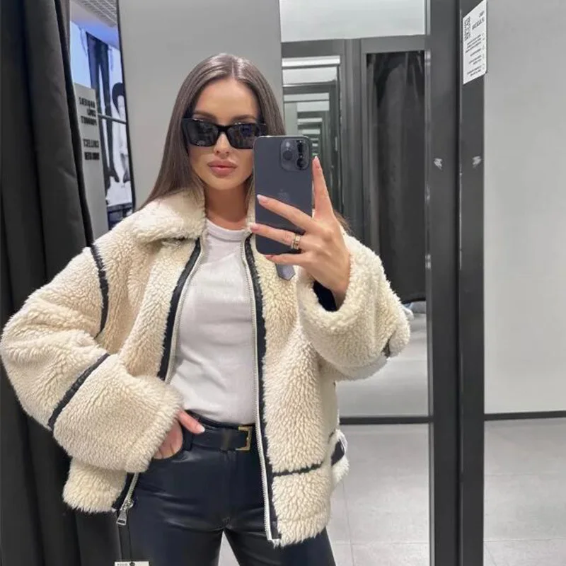 2025年秋新作 レディース 欧米風 フェイクファー加工 バイクジャケット ファー一体型コート