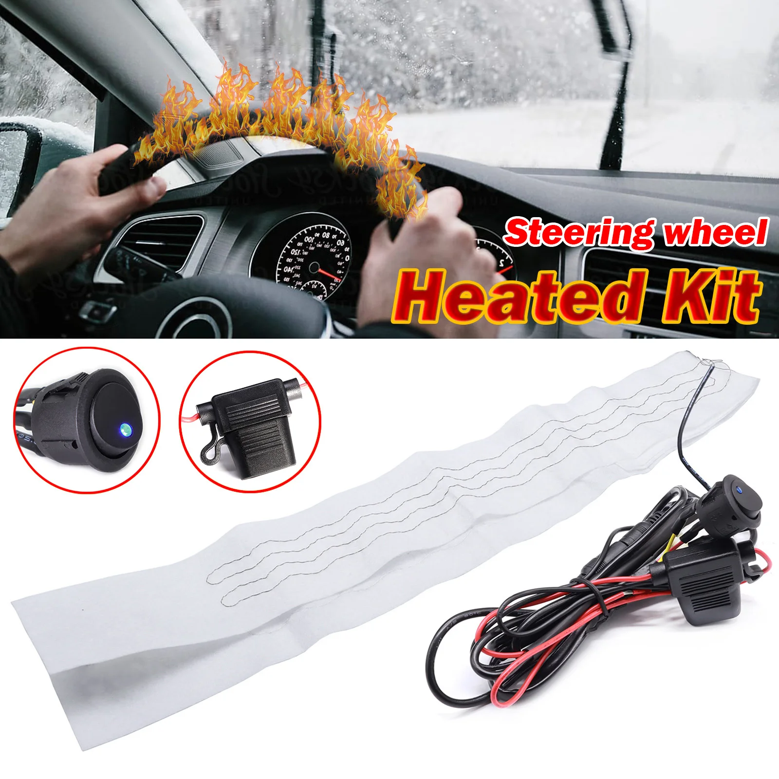 130cm Universal Car Heated Steering Wheel Cover Heater DIY Kit Pad Winter Blue Lamp Switch Hand Warmer 12V Thermal Accessories