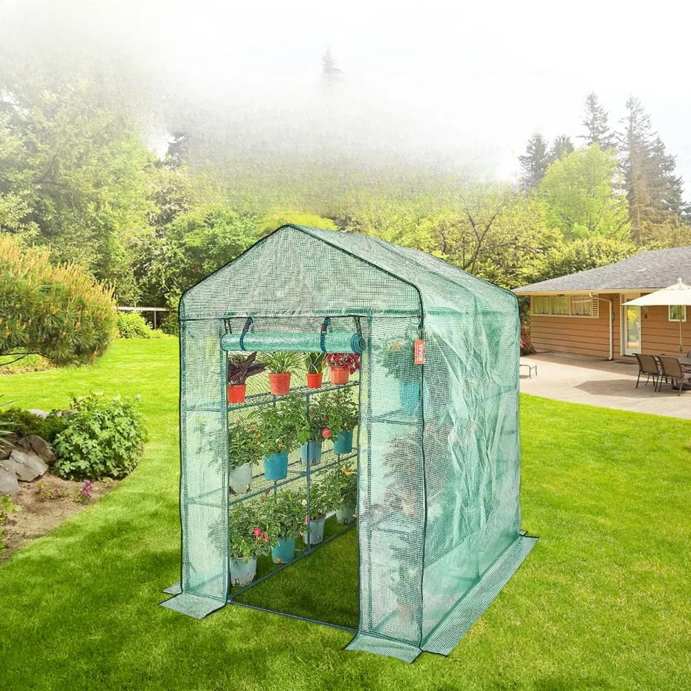 

Walk in Greenhouse, Portable Greenhouse with Shelves, High-strength PE Cover with Roller Shutter Zipper Door and Steel Frame