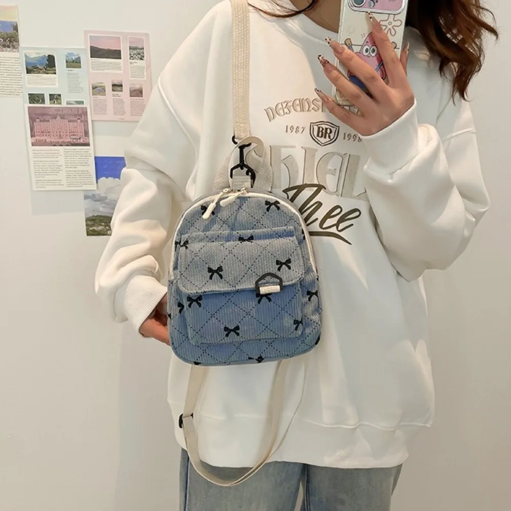 New Mini Backpack Bowknot Printed Corduroy Storage Bag Korean Version Sweet Cosmetic Bag Gift