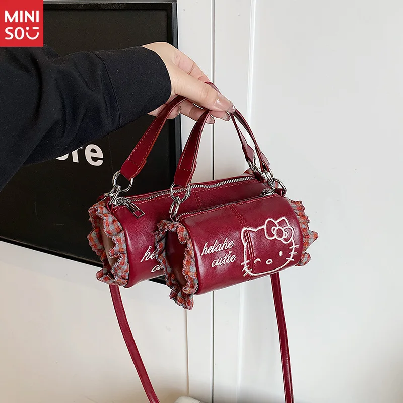 Miniso Embroidered Hello Kitty Handbag, Vintage Lace Trim Crossbody Shoulder Bag for Women