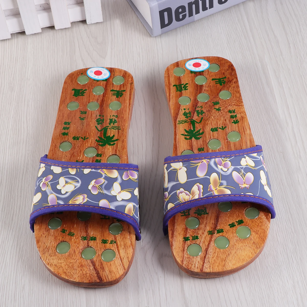 

Magnetic Massage Slippers Women Pain Relief Wooden Bottom Reflexology Spa Shoes Adjustable Size Navy Blue massage shoes magnetic