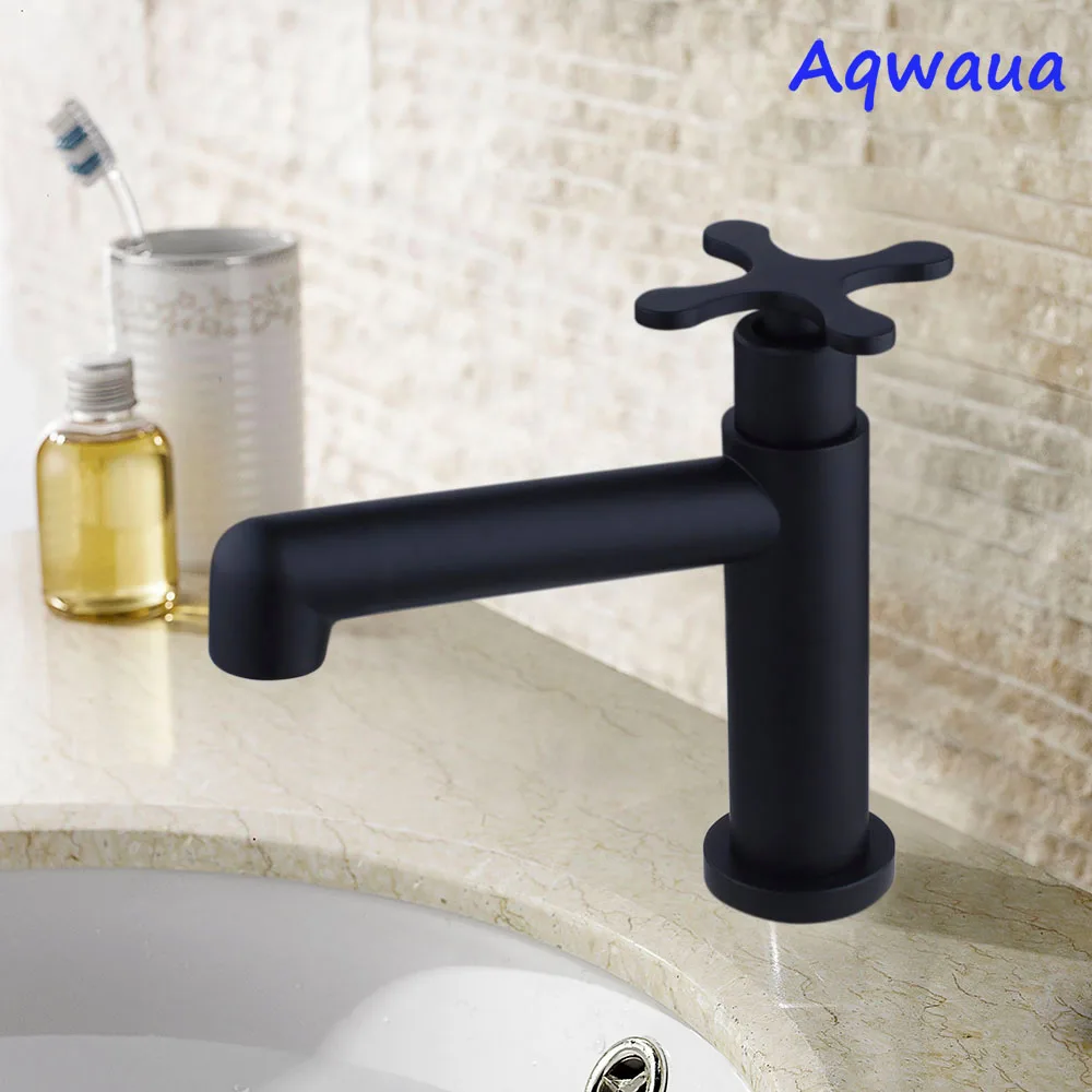 Aqwaua Matt Black Cold Water Tap for Bathroom SUS304 Stainless Steel Basin Faucet Crane Kitchen Accessory Bag Modern Design