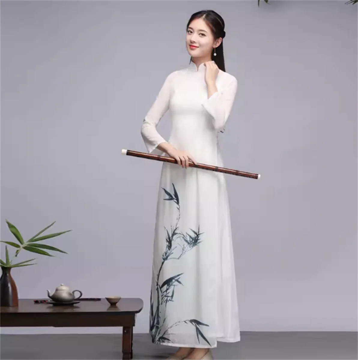 

Spring and Autumn Chinese Style Retro Odai Qipao Bamboo Leaf Dress