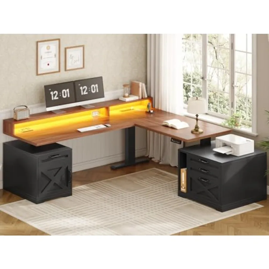 

Farmhouse L Shaped Standing Desk, 70.1" x 73.2" Height Adjustable Home Office Executive Desk with Drawers, Power Outlet, Monito