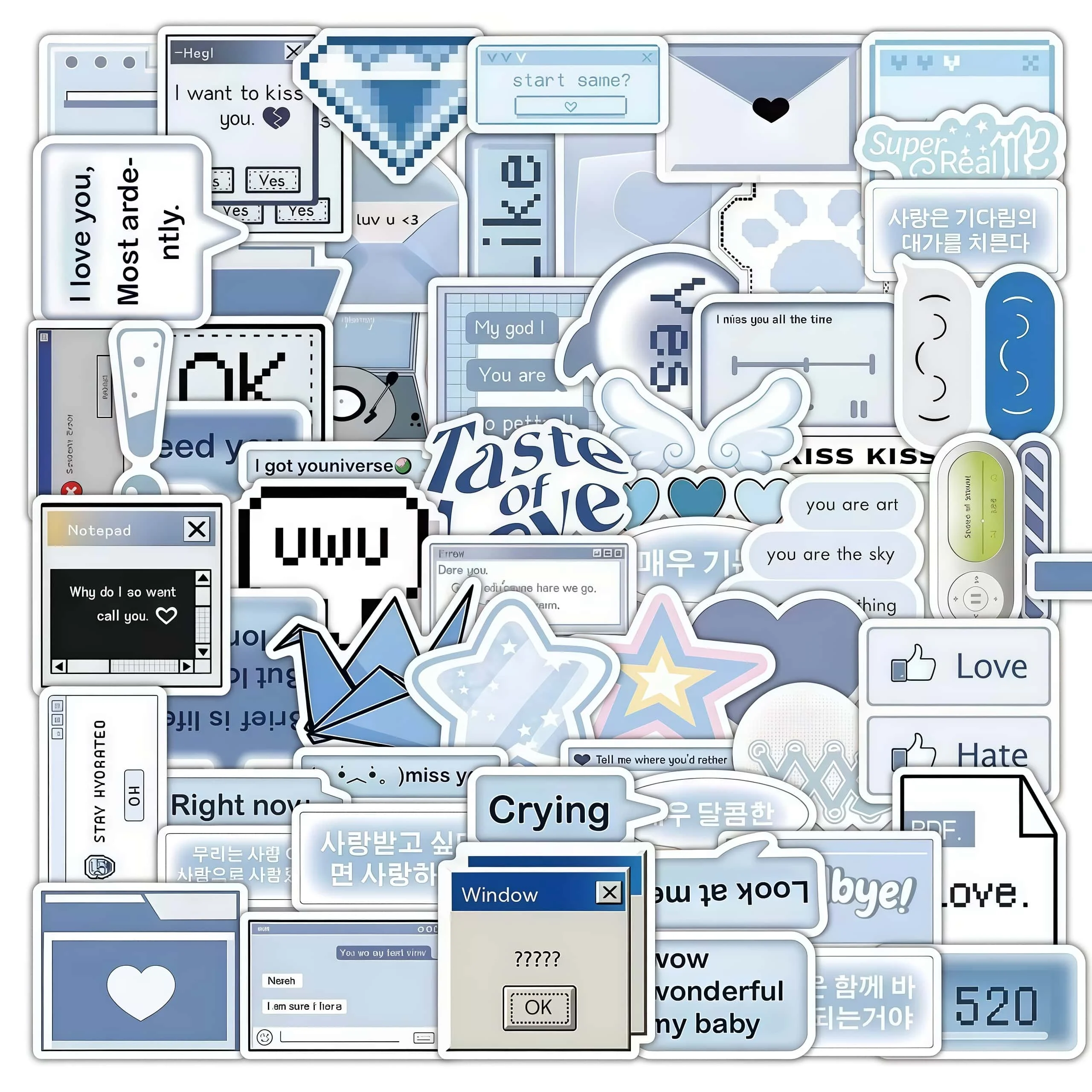 100Pcs Soft Blue Y2K Computer Window Stickers, Minimalist Text Pixel Graphic Decals for Journaling Laptop DIY Aesthetic Decor